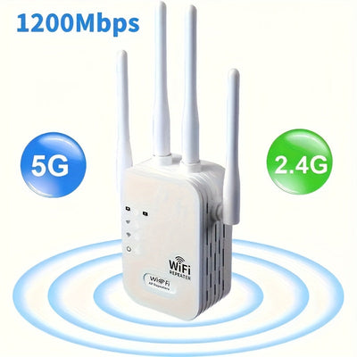 Estabilizador de señal de alta velocidad, amplificador de Wifi - Hasta 1200Mbps, dos puertos de red, cobertura amplia, fuerte capacidad de penetración de paredes, 4 antenas para mejorar la recepción de señal, ideal para apartamentos grandes y edificios d