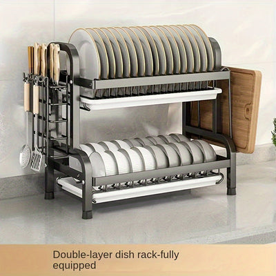 1 Estante de Cocina Grande de Doble Nivel, Organizador Multinivel con Soporte para Cuchillos y Tenedores, Tabla de Cortar, Sin Resbaladuras - Estantería Multifuncional para Boles, Platos y Vajilla, Reemplazo Comercial para Lavavajillas