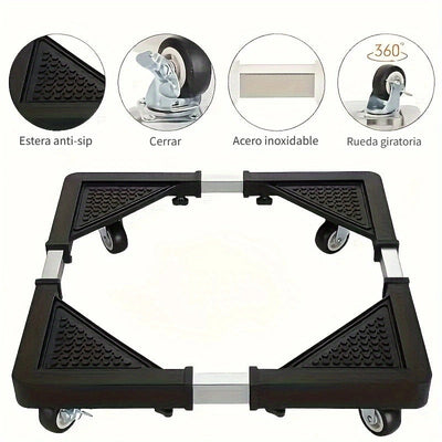 Carro de electrodomésticos de acero inoxidable para el hogar con 4 ruedas de bloqueo - Base ajustable para el movimiento, también a prueba de humedad y choque, con diseño elevado adecuado para la base de rodillos ajustable del refrigerador/máquina de lav