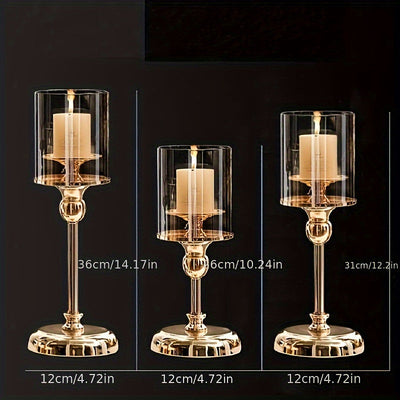 Juego de 3 candelabros de vidrio y metal dorado elegante - Acero inoxidable, diseño de mesa para cena romántica y decoración del hogar
