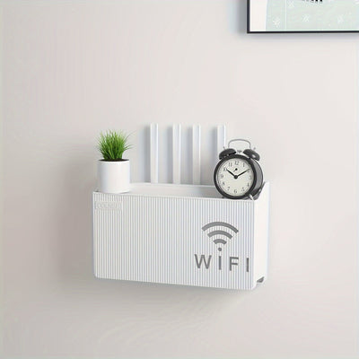 Estante organizador de plástico multiusos para router y decodificador de TV, montaje en pared sin taladro, con ganchos utilitarios para hogar u oficina
