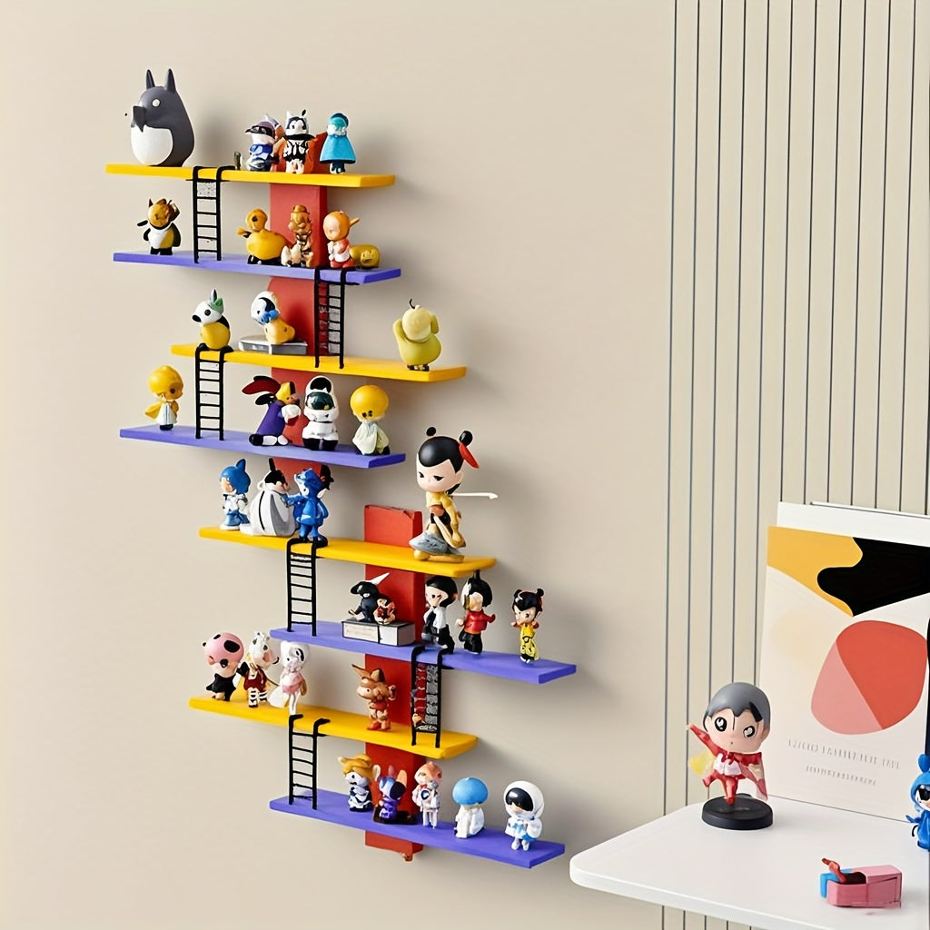 Estantería de Pared de 4 Niveles Colorida - Organizador Multifuncional Estilo Bohemio para Juguetes Coleccionables, Cosméticos y Accesorios - Instalación Sin Taladro, Estantes en Capas Azul/Amarillo/Rojo, Decoración Hogareña Ahorradora de Espacio, Diseño