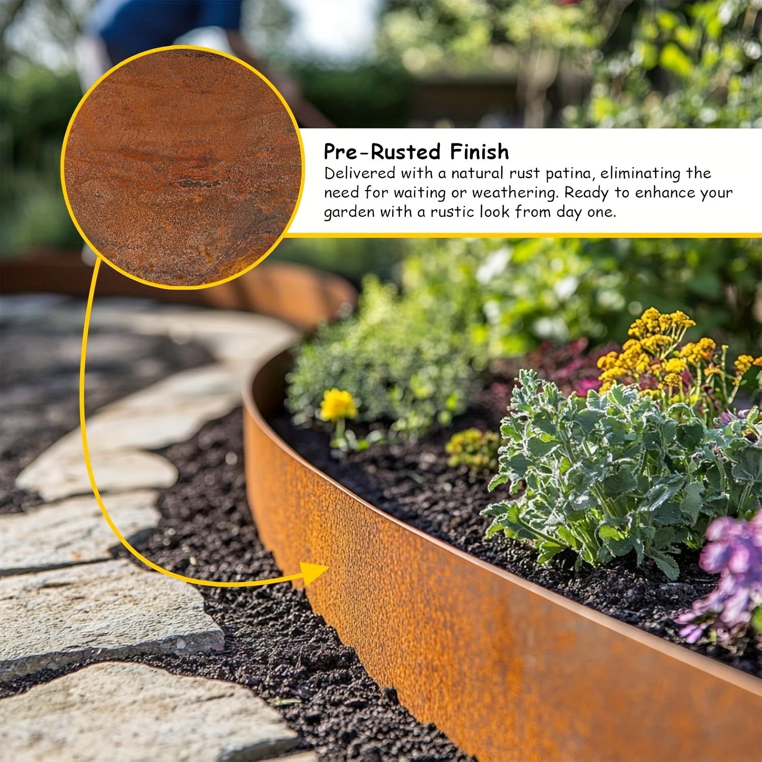 5m de acero corten para bordes de jardín - 14cm de altura, resistente al tiempo, acabado patinado, diseño duradero y fácil de limpiar para césped, entrada de coches, camas de flores - Instalación sin herramientas, valla decorativa para jardín, borde de c