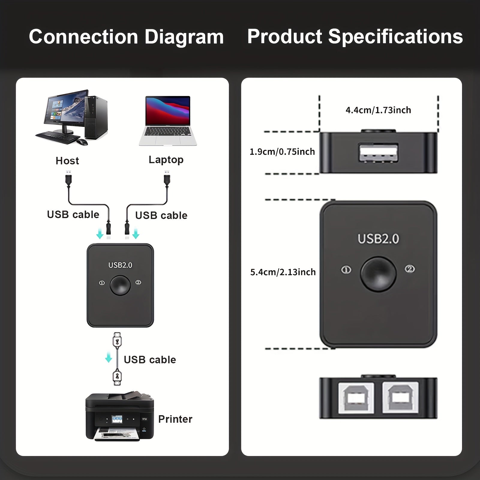 Conmutador USB 2.0 2 en 1 para Impresora, Selector LED de Compartición USB, Conmutador para 2 Computadoras con Teclado, Ratón y Escáner Incluye 2 Cables USB de 1 Metro, Compatible con Mac Windows Linux