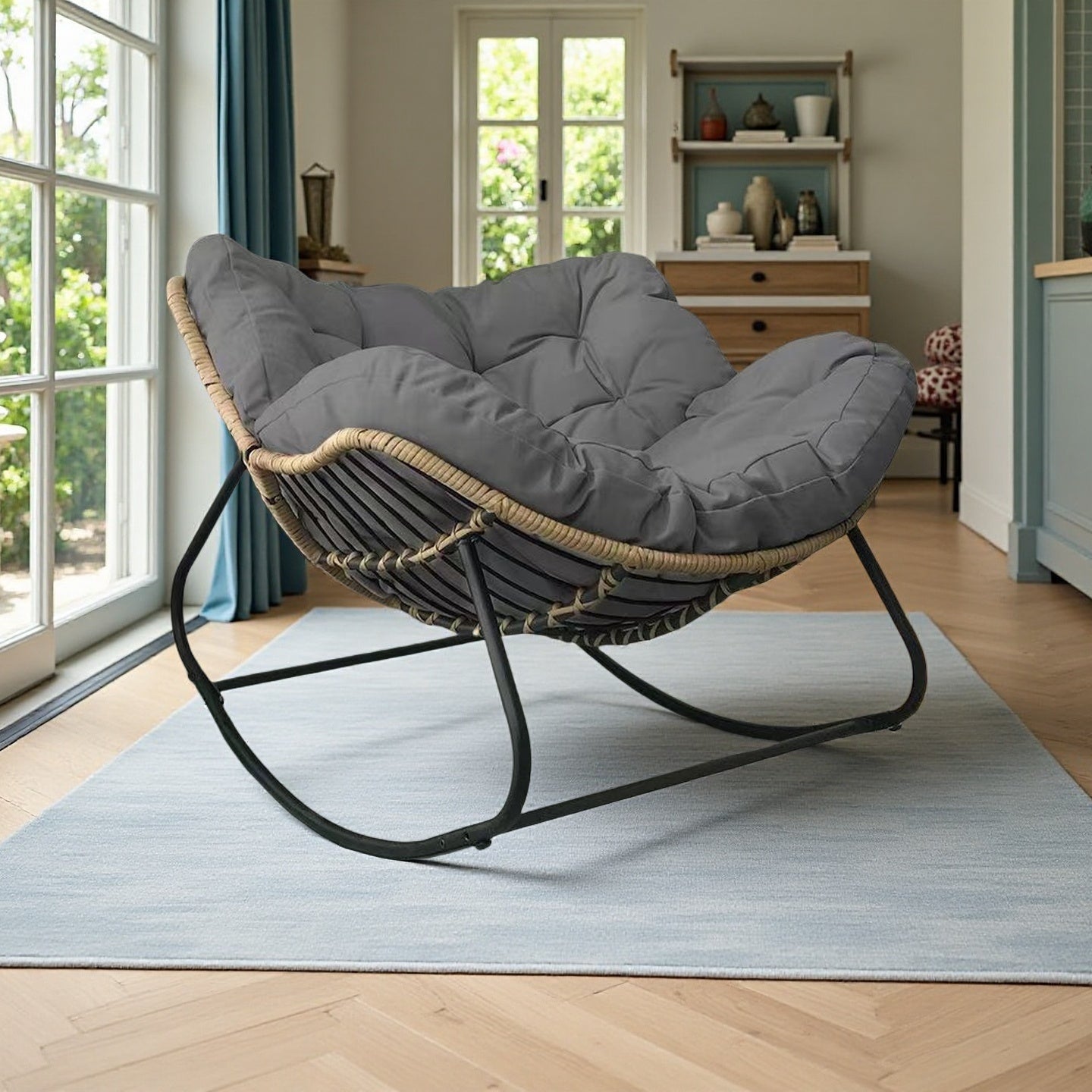 Mecedora de Hierro Forjado Vintage con Cojín Tejido a Mano, Adecuada para Todas las Estaciones, Silla Decorativa de Estilo Rústico Americano para Sala, Balcón o Patio