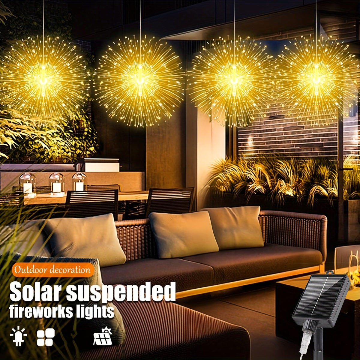 Luces de fuegos artificiales suspendidas alimentadas por energía solar, 8 modos de iluminación, alimentadas por energía solar, iluminación decorativa al aire libre, IP65, cálida/blanca/colorida, adecuadas para decorar fiestas de cumpleaños y fiestas navi