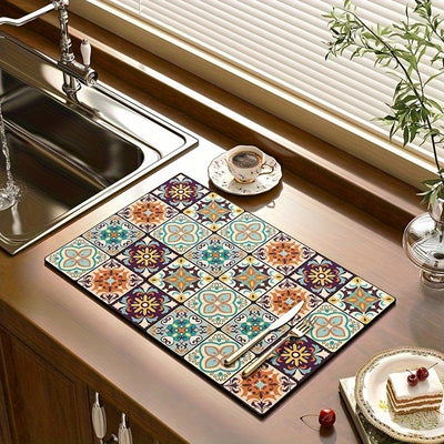 1 pieza, Alfombra de Secado Estilo Bohemio para Cocina, Almohadilla de Alta Absorción, Secado Rápido, Aislamiento Térmico, Base Antideslizante de Goma, Tapete para Grifo, Accesorios para Cocina, Restaurante y Café