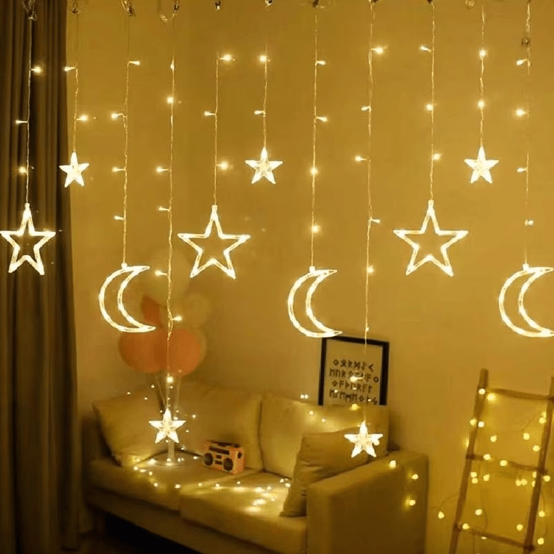 1pc Luces de Cortina Navideñas - Alimentadas por USB, Cálidas y Coloridas para Fiestas de Año Nuevo/Navidad/Halloween - Incluye Múltiples Estrellas, Lunas y Diseños Lunar - Ideales para Decoración de Dormitorios, Ventanas, Fiestas y Regalos - Con Modo Pa
