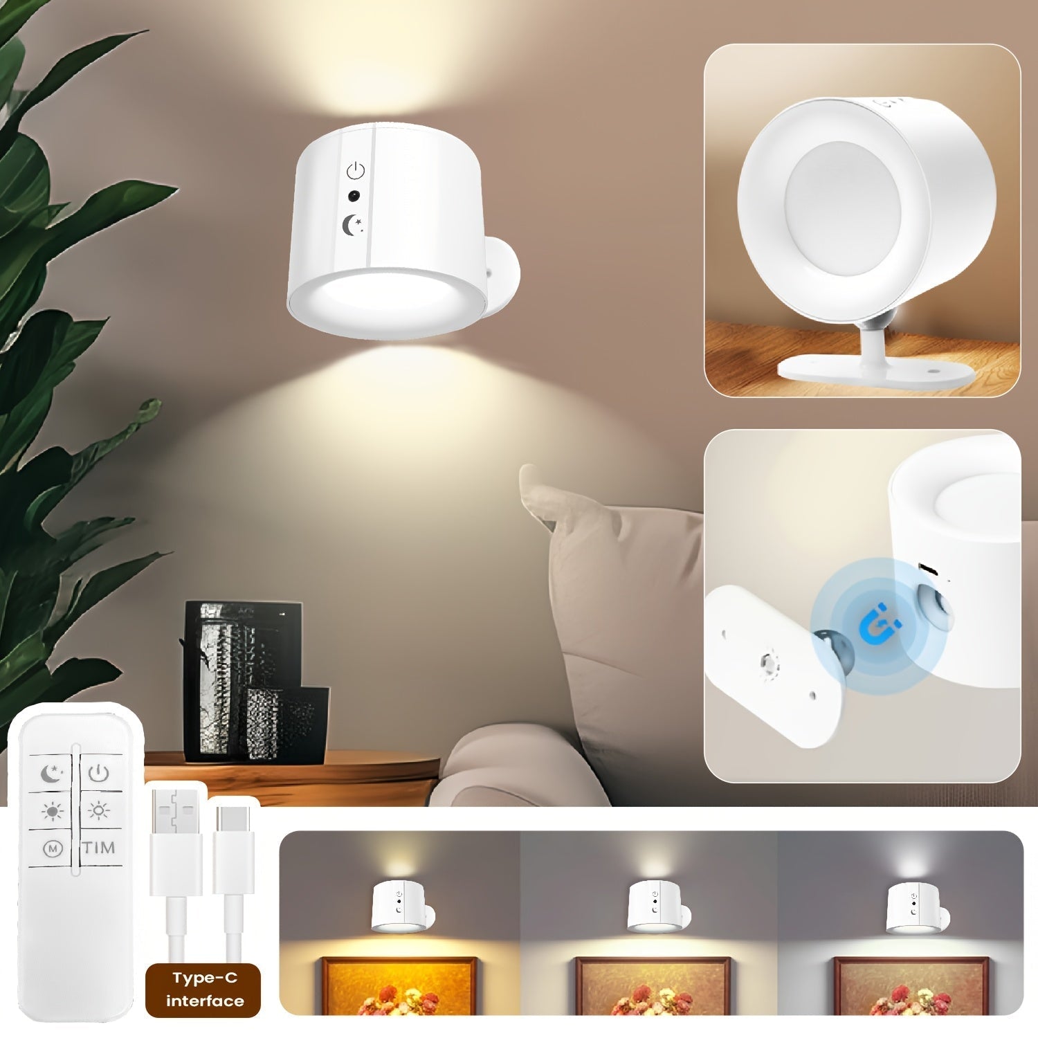 1pc Lámpara de Pared Decorativa LED para Interior, Lámpara Montada en Pared con Batería Recargable a través de Puerto USB, 3 Temperaturas de Color y 3 Niveles de Brillo, 360° Rotación de Bola Magnética, Control Remoto, Lámpara Inalámbrica para Lectura y