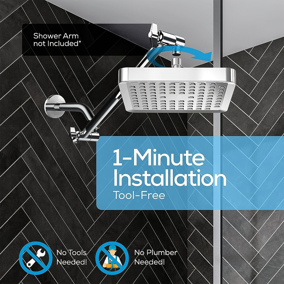 Cabezal de Ducha Cuadrado Pulido con Instalación en 1 Minuto - Diseño Moderno Galvanizado, Sin Herramientas ni Plomería, Disfruta de una Experiencia de Baño Lujosa, Accesorios para la Ducha