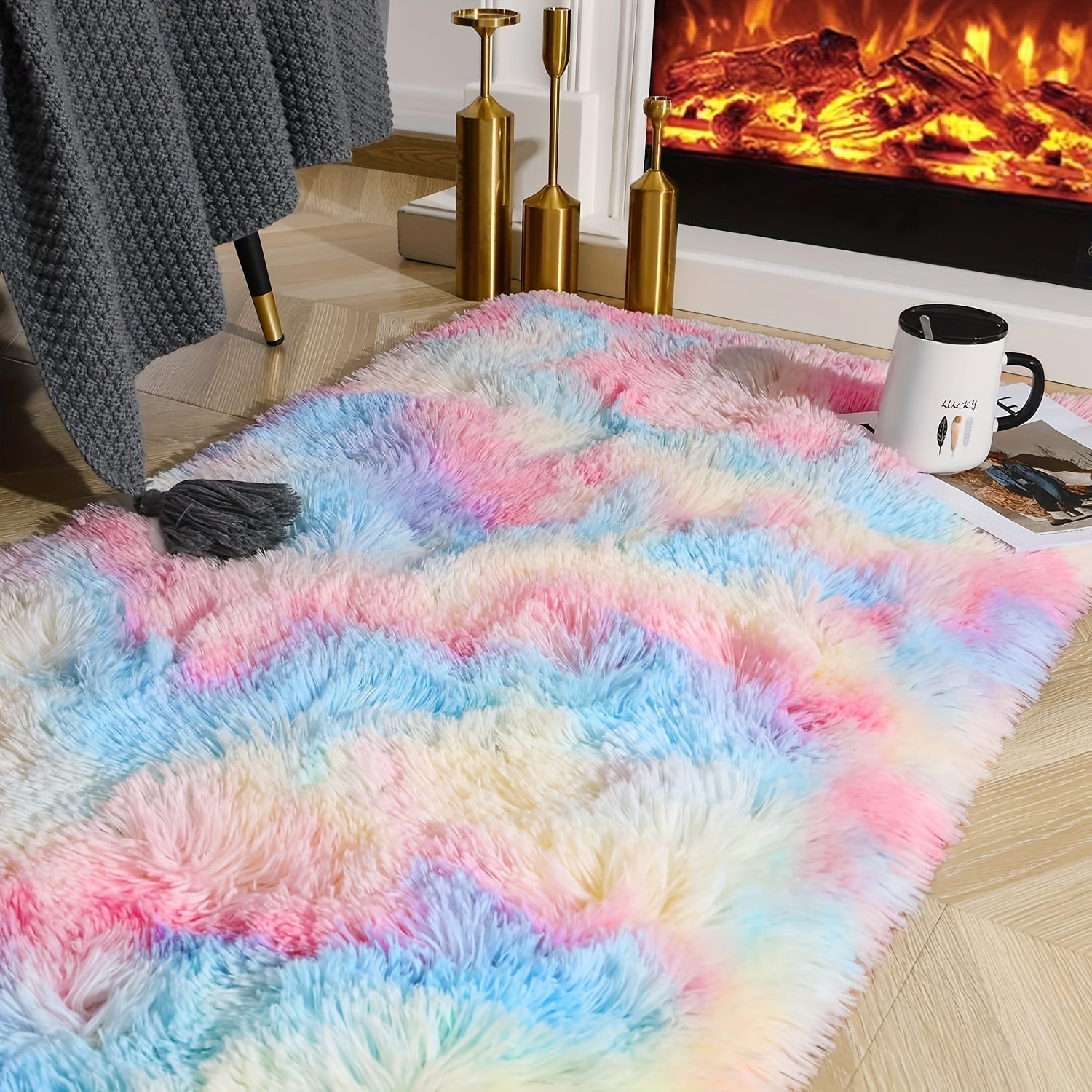 1pc Alfombra de Colores Arcoiris y Peluda, Alfombra Decorativa Colorida, Alfombra de Lana Suave para Dormitorio, Sala de Estar, Área de Descanso, Accesorio de Lado de la Cama, Mesa de Café, Vestidor, Ducha, Entrada, Decoración de Asiento de Sofá - Poliés