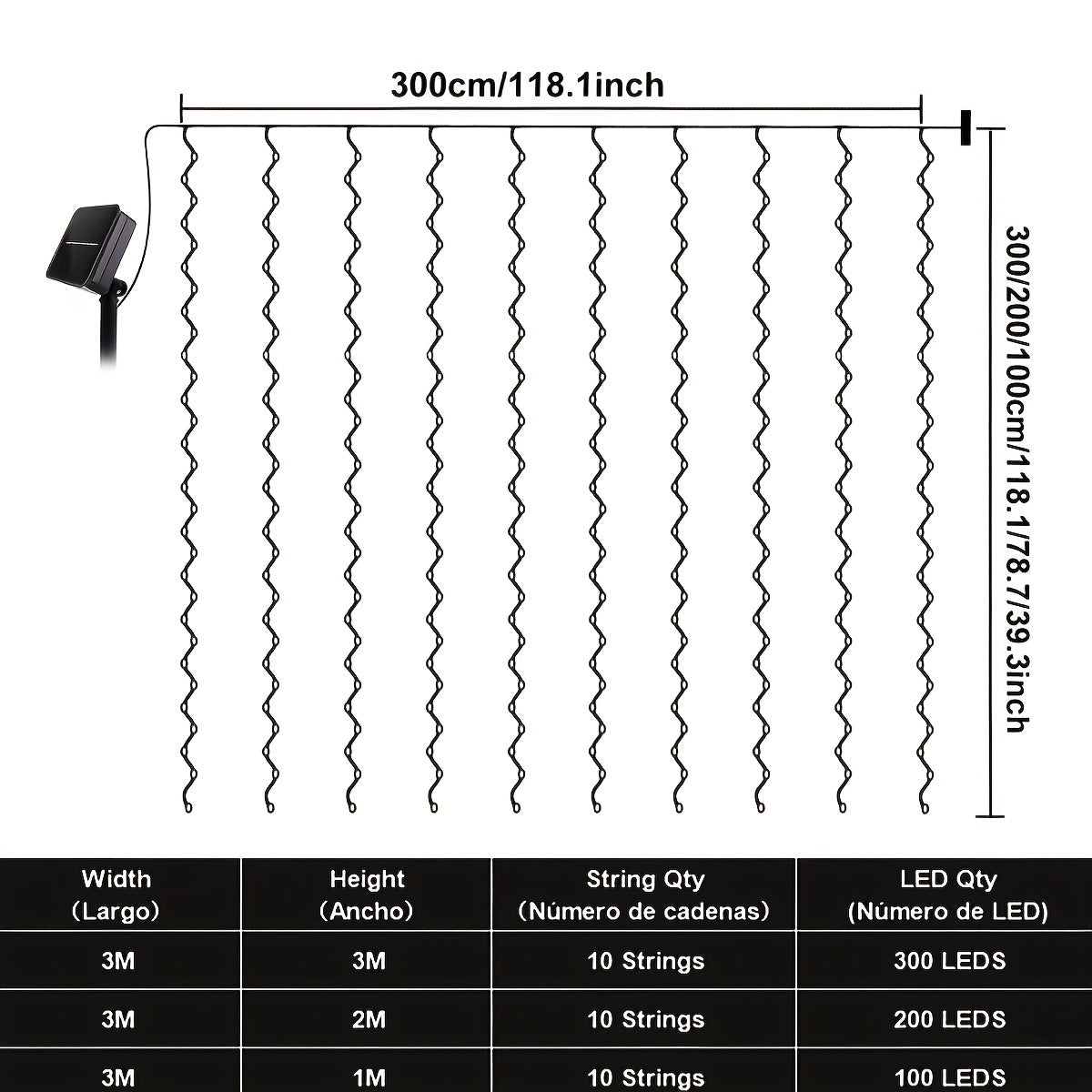 1pc Cortina de Luces Solares Hada - 9.8Ft x 97.54/198.12/298.7 cm, 8 Modos de Iluminación - adecuada para Terrazas Exteriores, Caravanas, Tiendas de Campaña, Jardines y Balcóns, Carga Solar, Regalos Festivos - Navidad, Halloween, Ramadán, Luz Decorativa