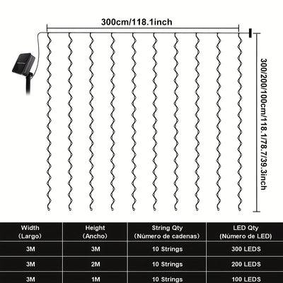 1pc Cortina de Luces Solares Hada - 9.8Ft x 97.54/198.12/298.7 cm, 8 Modos de Iluminación - adecuada para Terrazas Exteriores, Caravanas, Tiendas de Campaña, Jardines y Balcóns, Carga Solar, Regalos Festivos - Navidad, Halloween, Ramadán, Luz Decorativa