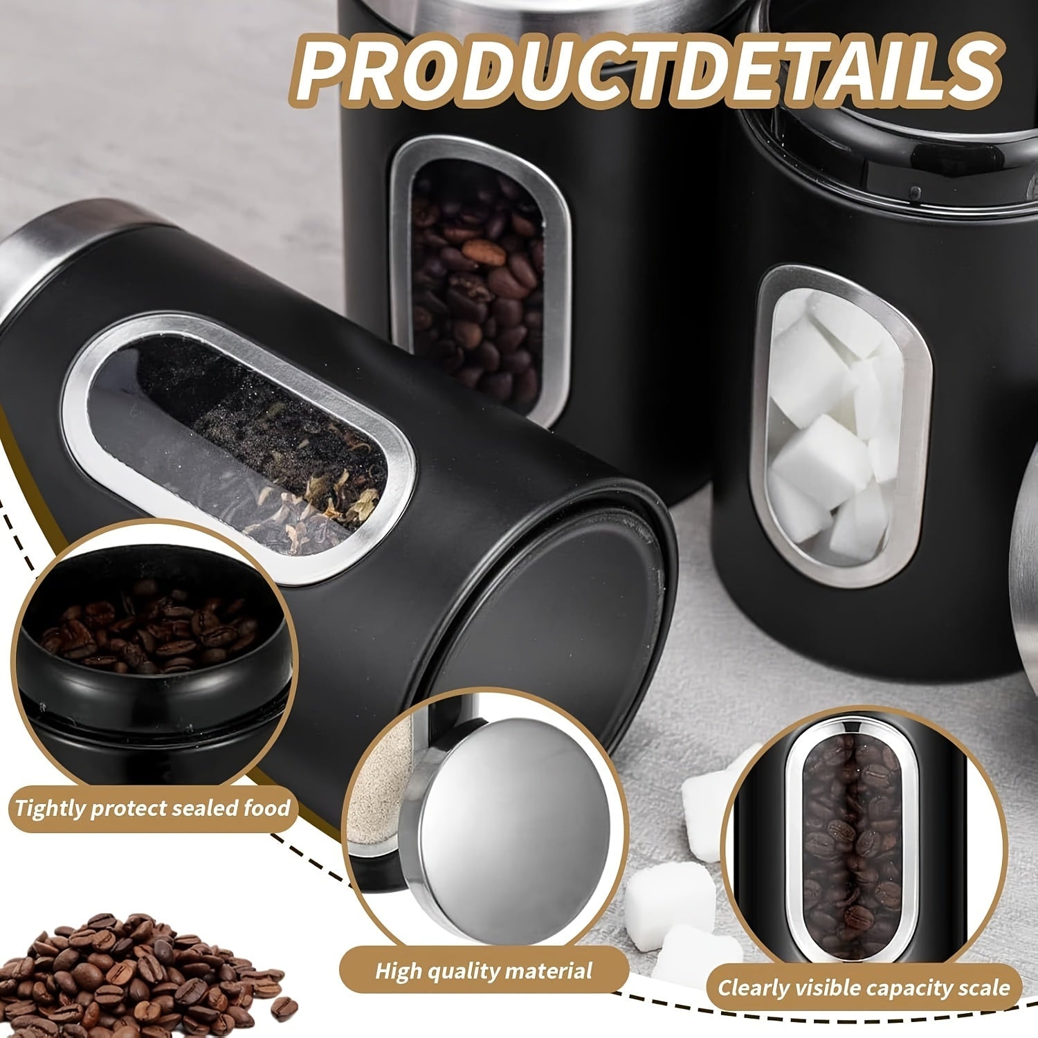 Juegos de Recipientes para la Cocina, Set de 3 Piezas para Almacenar Azúcar, Harina y Té en Acero Inoxidable con Ventana Transparente para Organizar el Mostrador