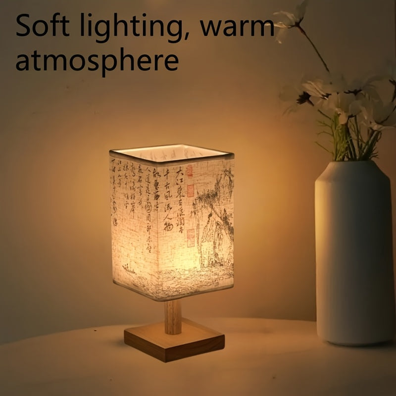Lámpara de escritorio de estilo caligráfico tradicional, base de madera, sombra de tela de estilo antiguo, lámpara ahorradora de energía, cable USB, lámpara independiente con soporte, adecuada para dormitorio, sala de estar, decoración de tema espacial.
