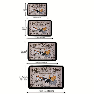 1pz Alfombra Antideslizante con Borde Ancho de Gatos de Dibujos Animados y Huellas, Mensaje Divertido "Mantén la Puerta Cerrada", Tapete de Bienvenida 100% Poliéster para Entradas, Porche, Decoración del Hogar, Alfombra Interior/Exterior Lavable en Máqui