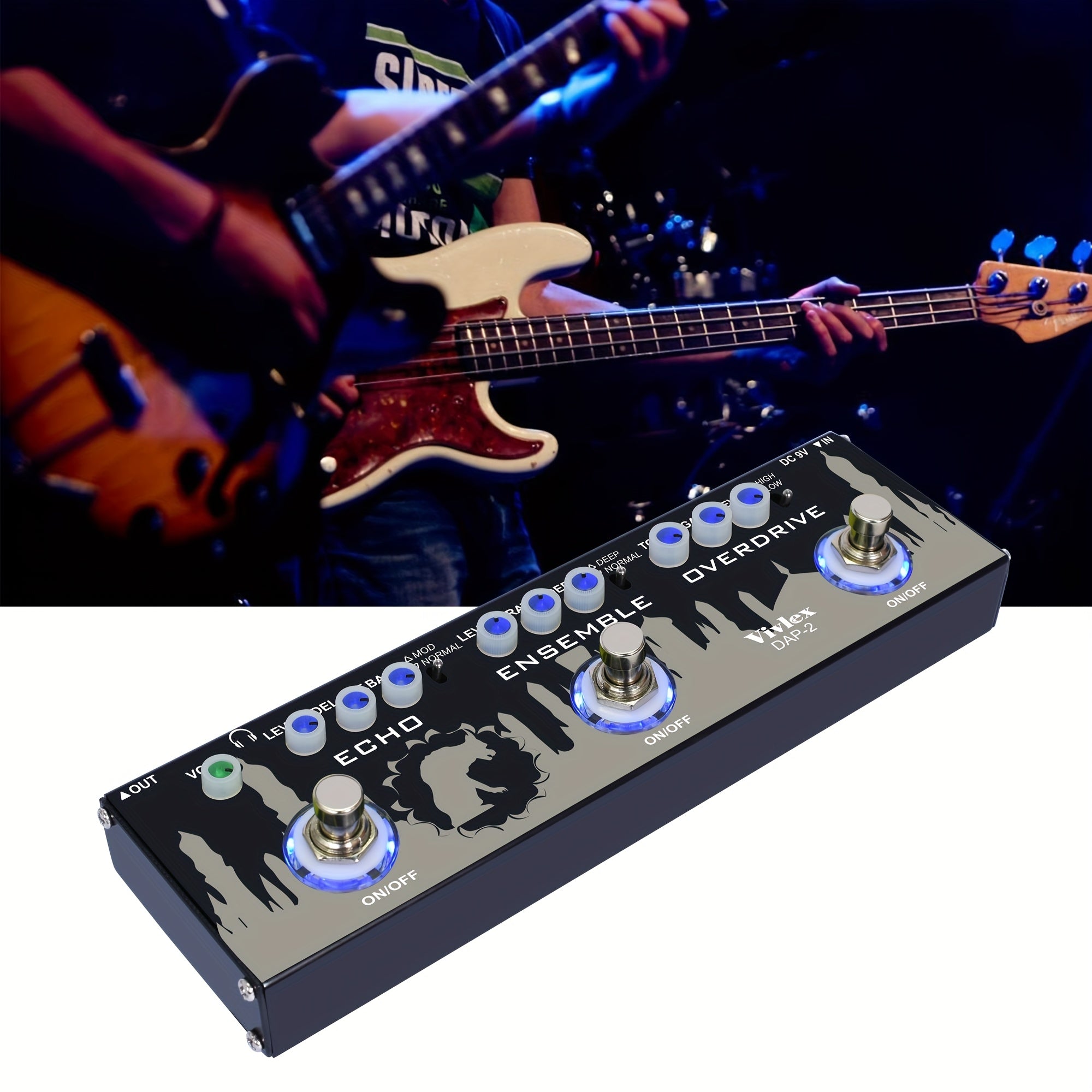 Pedal de Guitarra Multi Efectos, con Eco y Overdrive 3 en 1 Serie Digital Mingle para Guitarras Eléctricas