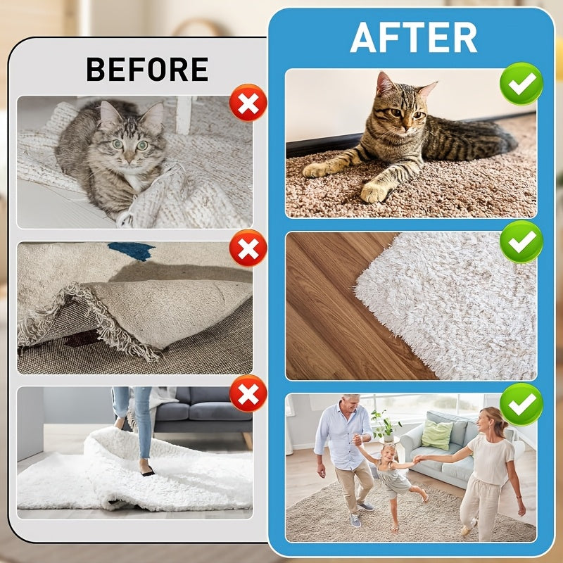 Juego de 4 Sujeta Alfombras para Alfombra, Pegatinas Antideslizantes para Pisos de Madera y Azulejos, Cinta Adhesiva Reutilizable para Áreas de Alfombra, Cortable, Adecuada para Diversos Tipos de Alfombras Irregulares, Soporte de Esquina con Adhesivo de