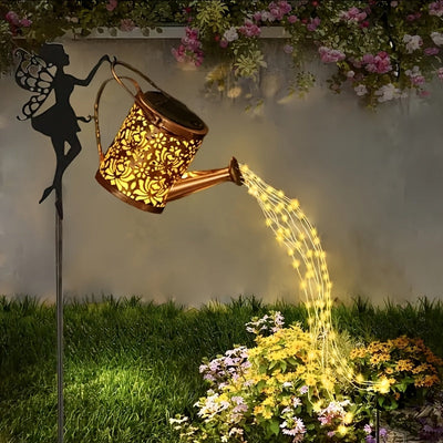 1 regadera solar con luces LED de hadas, decoración metálica para exteriores, ideal para jardín, césped o fiestas, regalo perfecto para mamá, vecinos y amigos