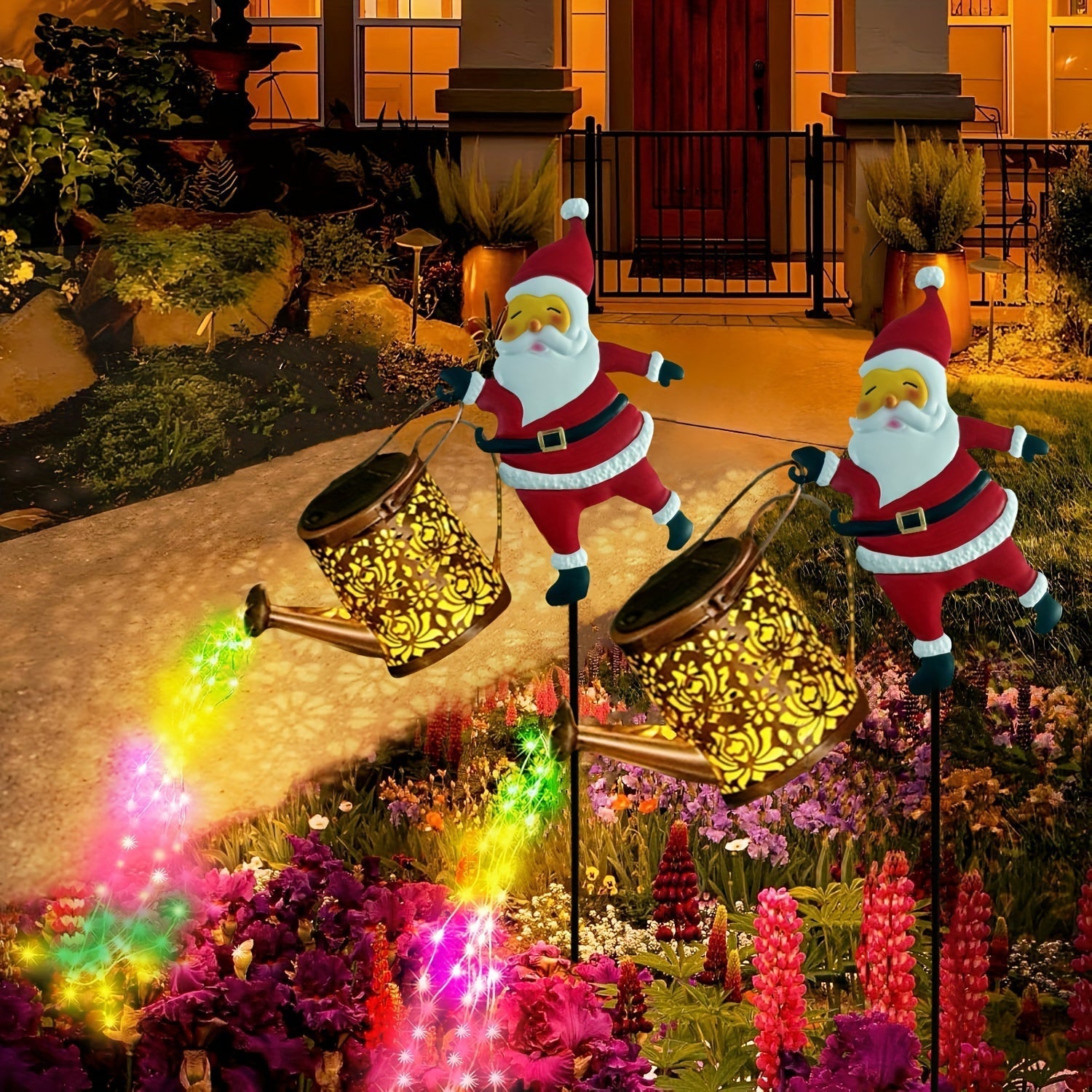 Tetera solar con luz, tetera con diseño de Santa Claus colorido, luces LED solares para interiores y exteriores, ideal para dormitorio, jardín, terraza, fiestas en el patio, bodas y decoración navideña