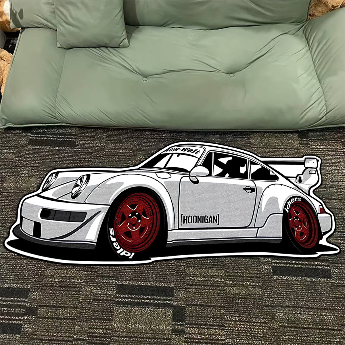 Alfombra de auto de carreras Porsche, 1000G/6mm de grosor, antideslizante y resistente al desgaste, diseño en blanco y negro, ideal para decoración de dormitorio, sala de estar, acento deportivo en la habitación, alfombra duradera