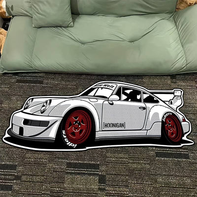 Alfombra de auto de carreras Porsche, 1000G/6mm de grosor, antideslizante y resistente al desgaste, diseño en blanco y negro, ideal para decoración de dormitorio, sala de estar, acento deportivo en la habitación, alfombra duradera
