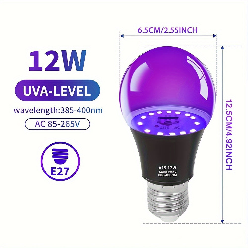 Bombilla de Luz Negra Kasotile, Bombilla LED de 12W de Luz Negra, Adecuada para Decoración de Halloween, Luz Negra UV UVA 385-400nm, Bombilla de Luz Negra A19, Adecuada para Luminar en la Oscuridad, Póster Luminoso de Cuerpo Humano Colorido para Fiestas,
