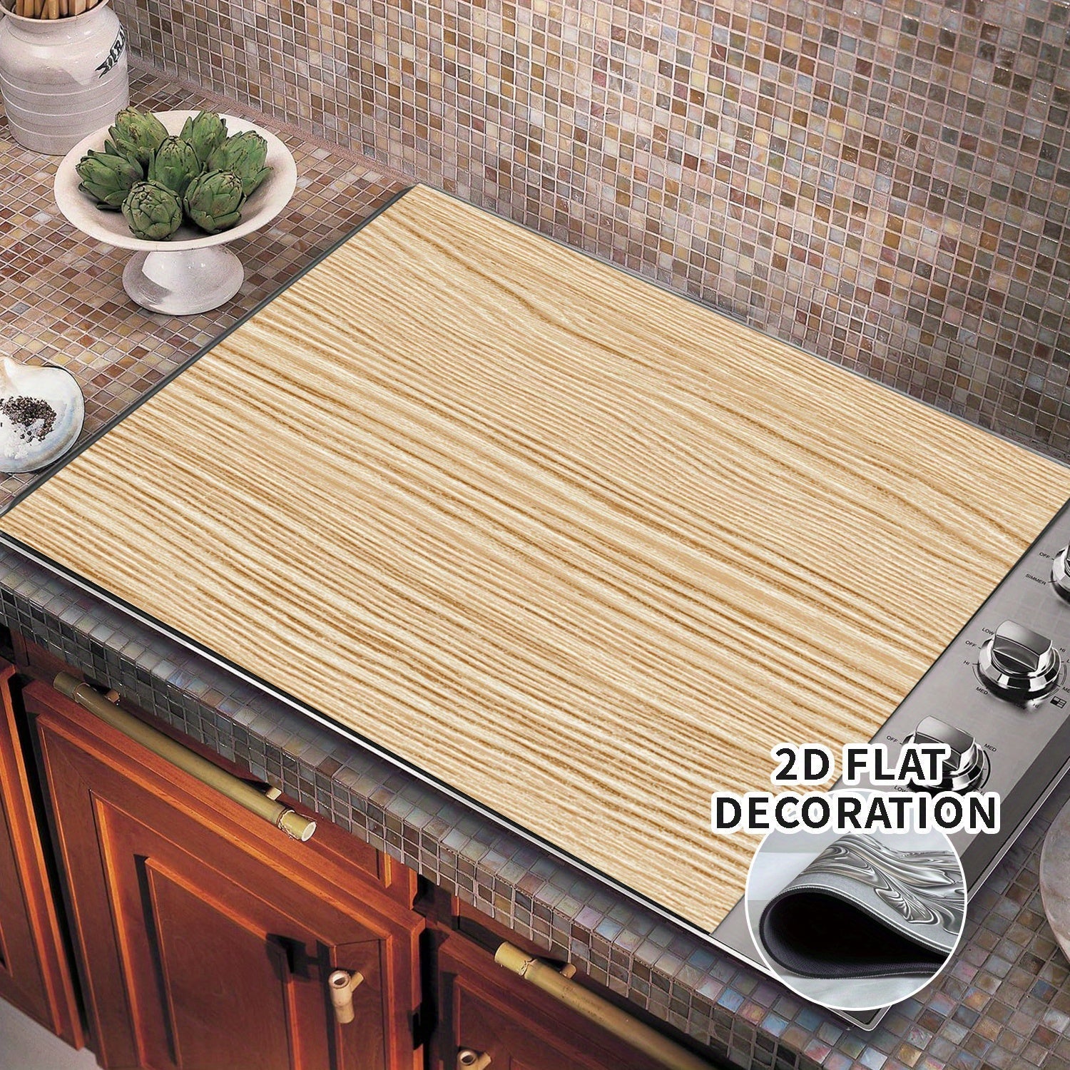 1pc Cubierta de Estufa Eléctrica - Decoración Plana 2D con Acabado en Madera, Protector Resistente al Calor con Forro de Goma para Cocinas a Gas y Eléctricas, Apta para la Mayoría de Encimeras, Fácil de Limpiar, Diseño Plano