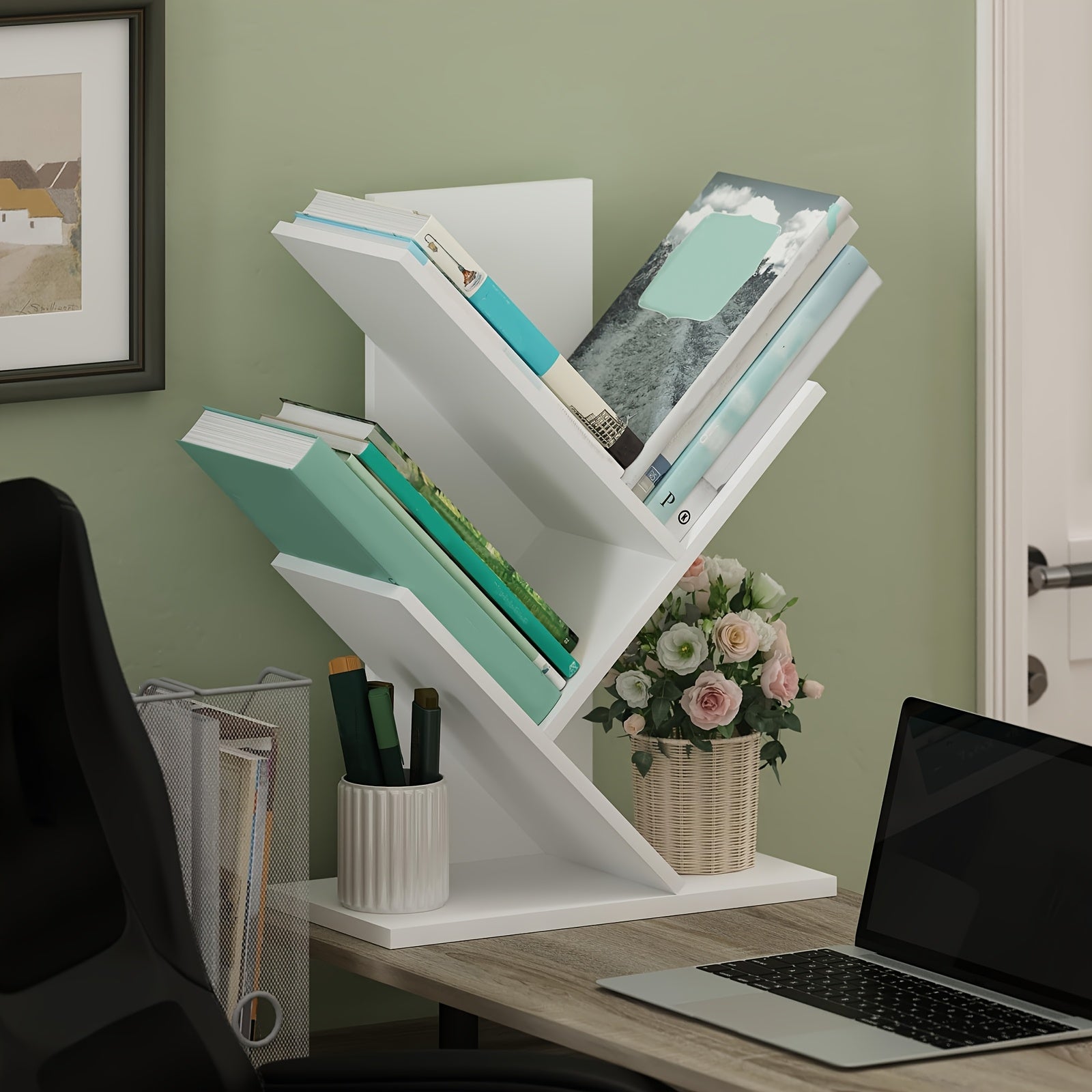 Estante de árbol DIY, estantería de suelo de 3 niveles, blanco, muebles decorativos modernos, organizador de ahorro de espacio, ideal para salón, dormitorio, oficina, estanterías de madera resistentes y duraderas, ensamblaje fácil, casas de jardín