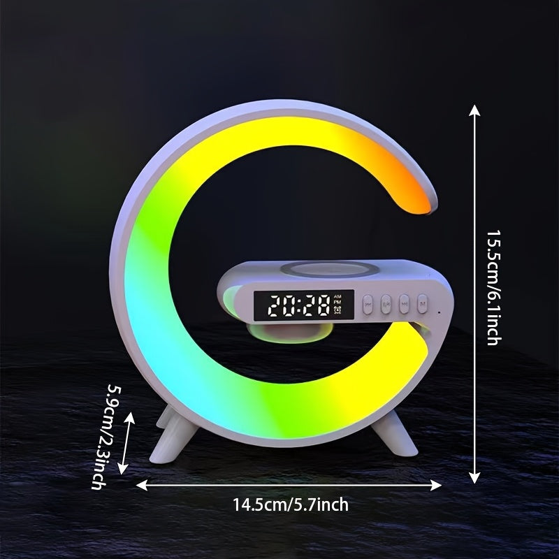 Altavoz sin varillas Moderno Multifuncional con Lámpara de Escritorio Ambiental RGB, Tira LED Colorida, Carga Inalámbrica, Función de Reloj Despertador y Reproducción TF Card, Ideal para Dormitorio, Estudio o Área de Trabajo, Luz Portátil Ajustable, Lámp