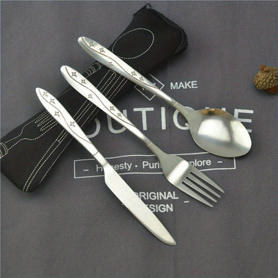 Juego de 3 piezas de cubiertos portátiles, cuchillo, tenedor y cuchara de acero inoxidable con estampado, para camping, barbacoa y uso familiar, incluye bolsa