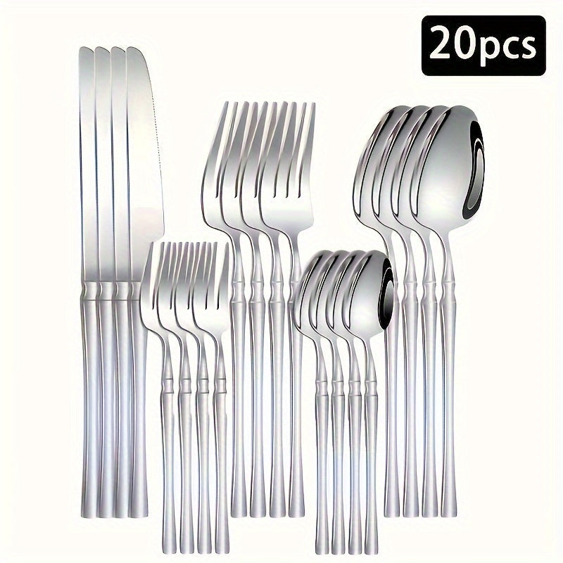 20/30/40 piezas Juego de cubiertos de acero inoxidable elegante plateado, cintura delgada y mango delicado, 4/6/8 persona vajilla de alta calidad, cuchillo para bistec, tenedor, cuchara, cuchara de postre y tenedor, para hogar, cocina, restaurante, fiest