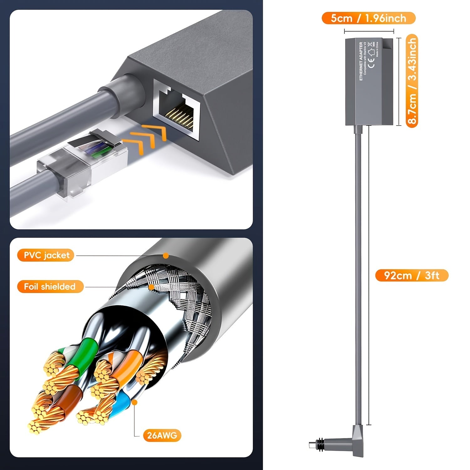 Adaptador Ethernet de alta velocidad Starlink Gen2 - Conector RJ45 mate confiable para conexión externa por cable y satelital a internet, diseño compacto y construcción duradera