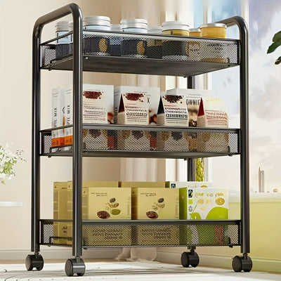 1 pieza de 3 niveles de carrito de almacenamiento de metal negro con poleas - Organizador versátil para cocina, dormitorio, baño, oficina y sala de estar, estante de canasta de alambre duradera, ensamblaje fácil, unidad de estantería versátil | Acabado m