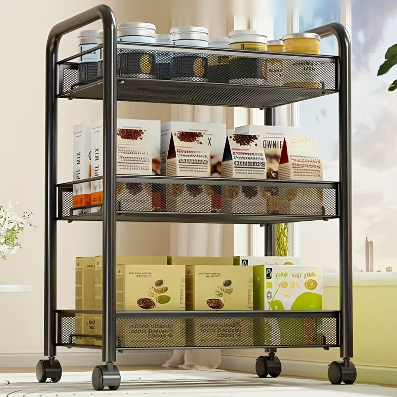 1 pieza de 3 niveles de carrito de almacenamiento de metal negro con poleas - Organizador versátil para cocina, dormitorio, baño, oficina y sala de estar, estante de canasta de alambre duradera, ensamblaje fácil, unidad de estantería versátil | Acabado m