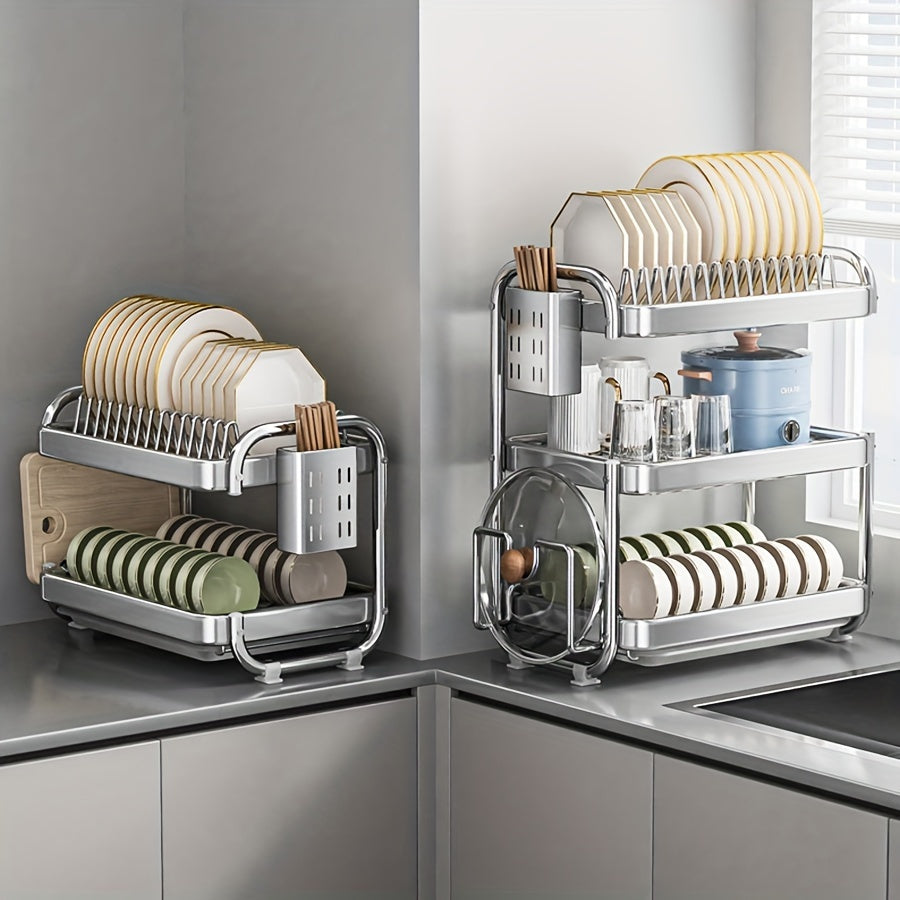 1 juego de escurridor de platos de acero inoxidable 201 grande, con 2 o 3 niveles, soporte para tazas, organizador de utensilios y repisa para escurrir, color plateado, para mesón de cocina