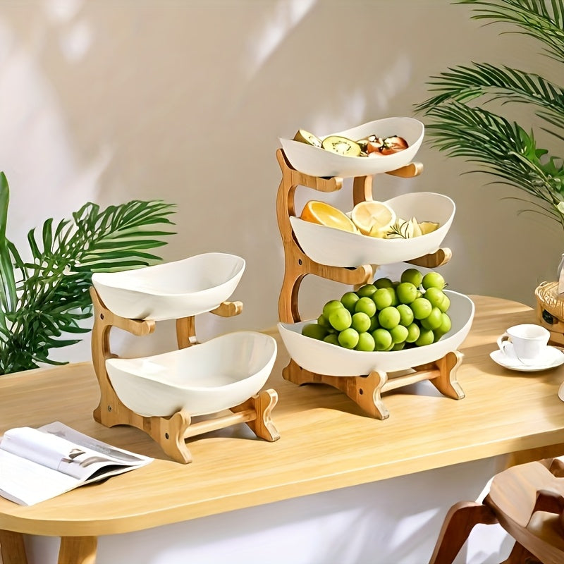 1 plato frutero europeo de 3 niveles con soporte de bambú, bandeja de plástico resistente y seguro para alimentos, organizador de cocina, pieza de servir elegante, acabado natural, ideal para cocina, comedor, fiestas y decoración del hogar