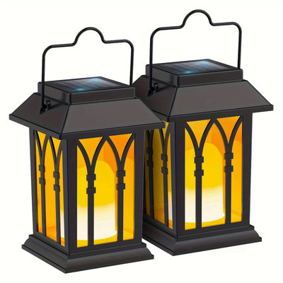 Linternas colgantes con energía solar para exteriores, paquete de 2 luces de velas parpadeantes de plástico, iluminación decorativa impermeable para porche, mesa de patio, panel solar no extraíble, batería de níquel de 400 mAh