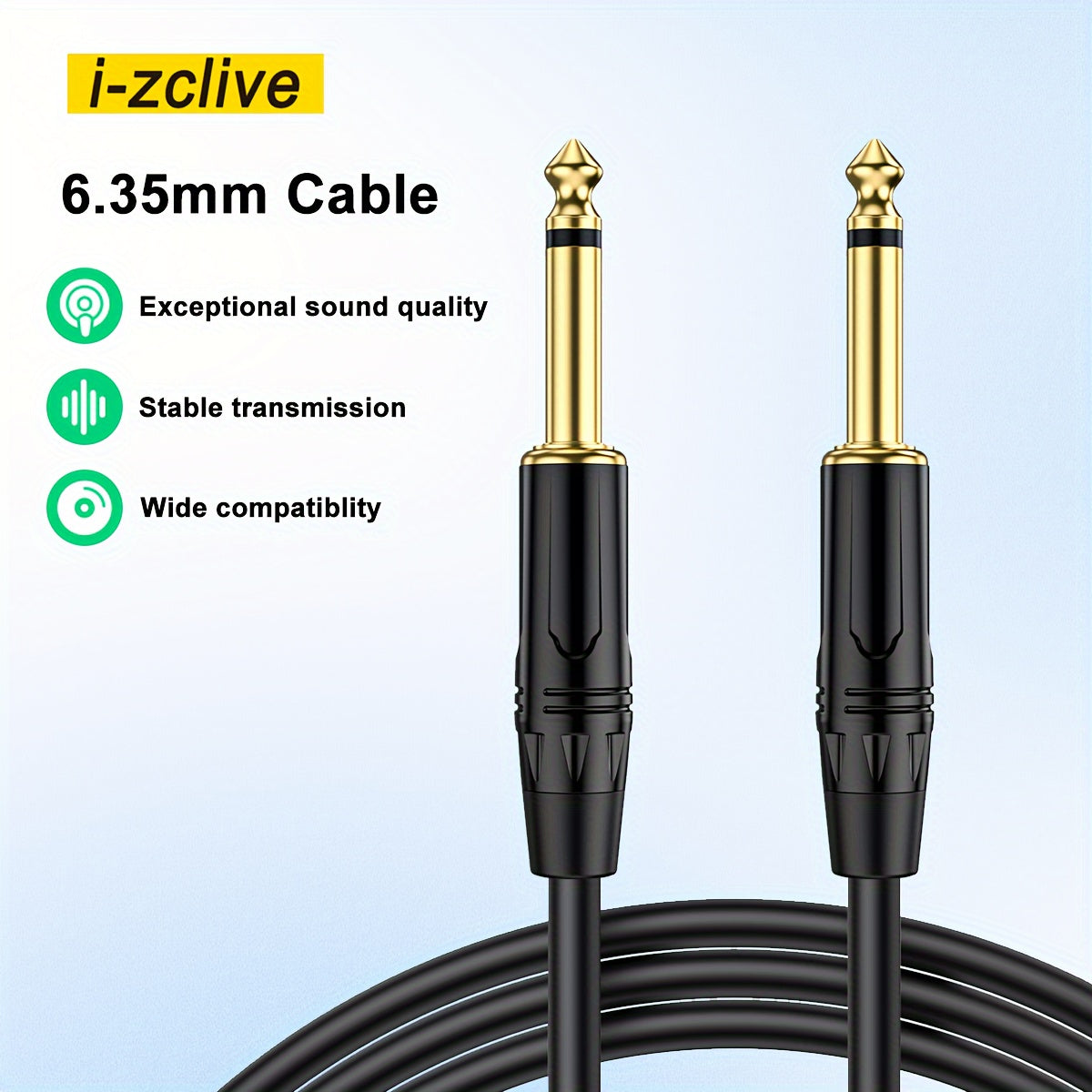 Cable de Audio i-Zclive de 6.5mm, Mono de Doble Núcleo y Doble Blindaje, Conectores Chapados en Oro, Carcasa de Aleación de Zinc - Ideal para Computadoras, Portátiles, Reproductores de DVD, Amplificadores de Bajo, Guitarras Eléctricas, Altavoces, Mezclad