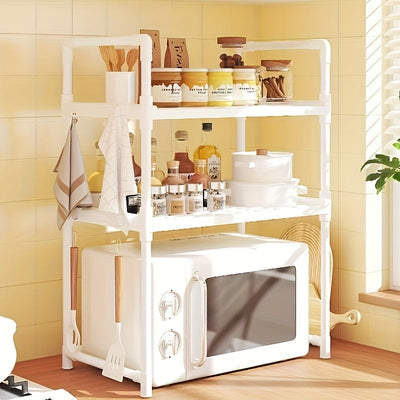 Estante de cocina expandible de 2/3 niveles con soporte para microondas - Organizador metálico resistente para horno y freidora de aire | Ahorrador de espacio para encimera | Diseño moderno y duradero