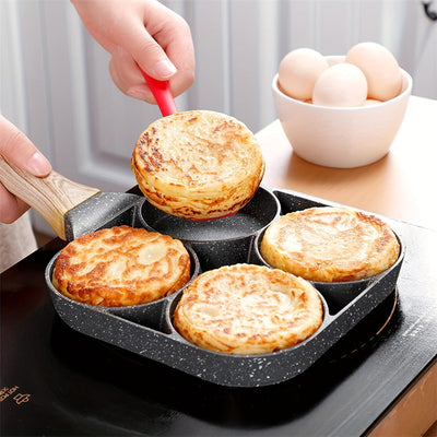Sartén antiadherente de 4 orificios con recubrimiento de piedra Maifan - Mango de aluminio, ideal para huevos, panqueques y más - Solo lavado a mano, compatible con inducción, utensilios de cocina | Utensilios de cocina modernos | Cocina duradera