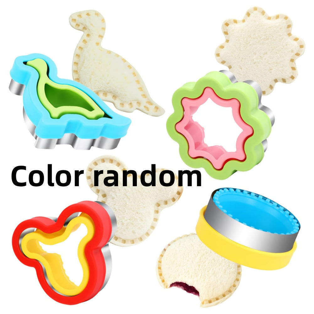 Juego de Cortador y Sellador de Sándwiches de 4 Piezas - Acero Inoxidable, Antiadherente para Hacer Galletas y Pan DIY - Formas Divertidas Incluyendo Dinosaurio, Ratón, Flor, Círculo - Ideal para Niños y Adultos, Colores Aleatorios