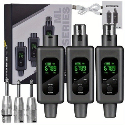 Sistema de micrófono inalámbrico con transmisor y receptor XLR, con alimentación de ilusión de 48V, para micrófono activo/conductor, sistema de altavoces, mezclador de audio, conector USB/tejido, batería de litio, voltaje de funcionamiento <36V, sin carg