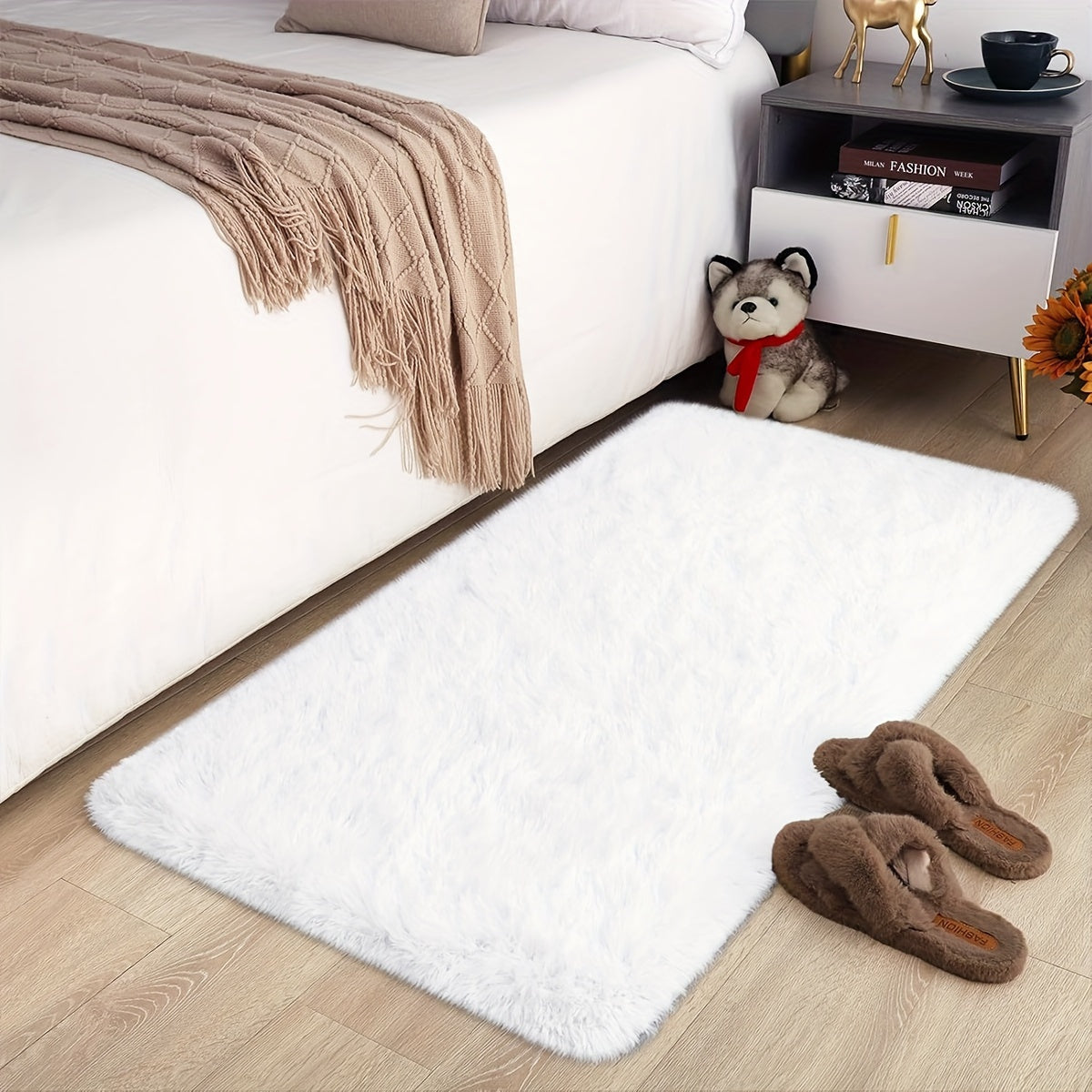 1pc Alfombra de Área Rectangular CozyHome de Pelusa, Color Sólido de Poliéster Tejido, Pila Larga de Pelo Falso Suave, Decoración para el Hogar Resistente y Amigable con la Piel, Fácil de Cuidar Limpieza en Seco, para Sala de Estar Dormitorio Alfombra de