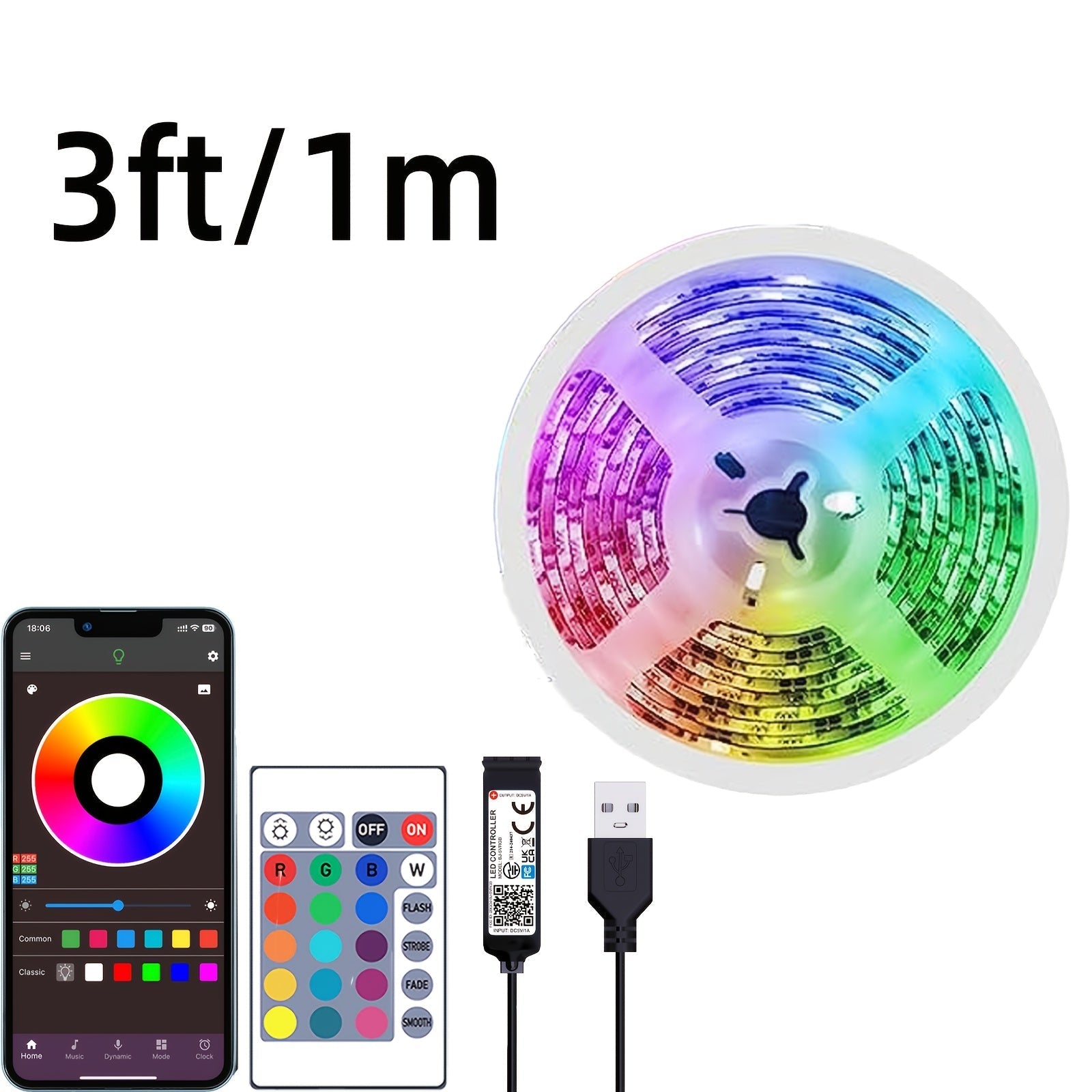 Tira de luces LED RGB de 91.44 cm a 30.48 metros, control remoto y por app, brillo ajustable, modo DIY, alimentación por USB, material ABS, pilas de botón no recargables, para decoración de dormitorio, sala, espejo y TV, luces LED para habitación