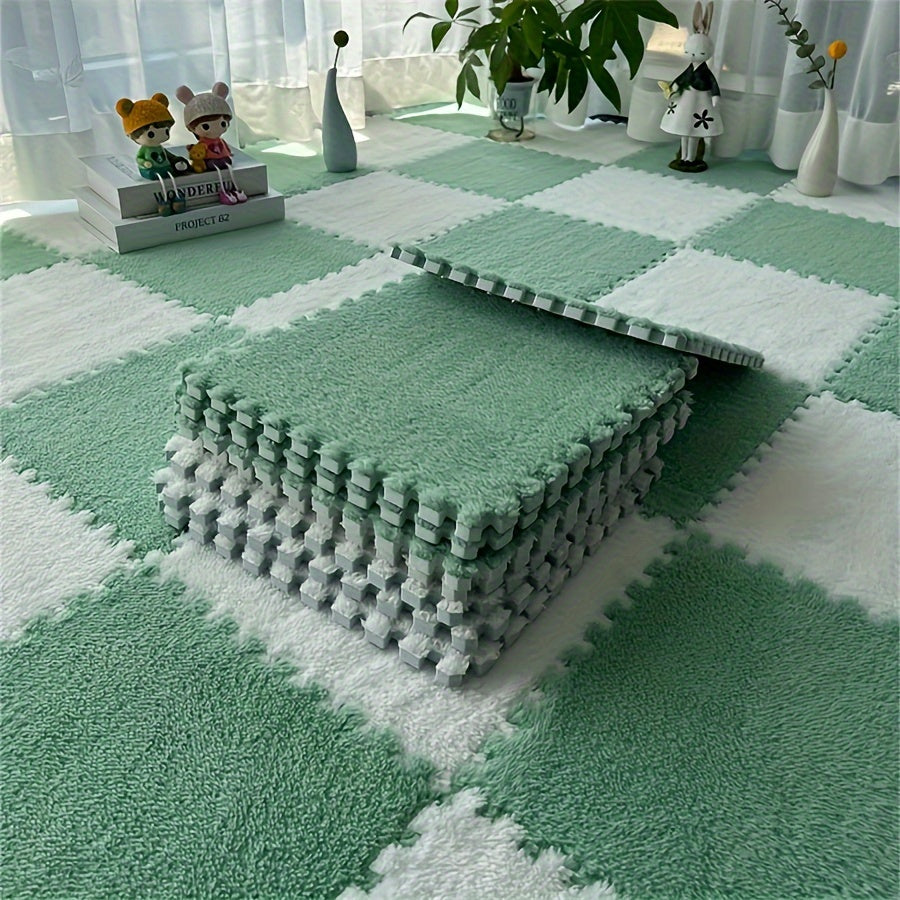 12 piezas Alfombra modular de peluche, gruesa anti-golpe Alfombra de habitación de dormitorio, 29,97 x 29,97 cm, Hecha a máquina de poliéster y EVA, Solo lavado a mano, Decoración de habitación