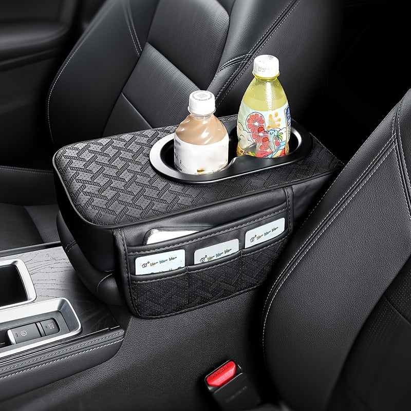 1pc Funda para Apoyabrazos de Coche con 2 Bolsillos Laterales y 2 Portavasos, Diseño de Patrón de Diamante Acolchado, Protector Interior de Vehículo para Teléfono, Botella, Tarjetas - Se Adapta a la Mayoría de Coches, SUVs, Camiones