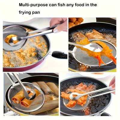 Pinza de filtrado para freír, pinza para cucharada de desagüe de alimentos, espátula de alimentos para freír de acero inoxidable, pinza de colador de cocina, herramienta de freír de acero inoxidable resistente a altas temperaturas para todas las estacion