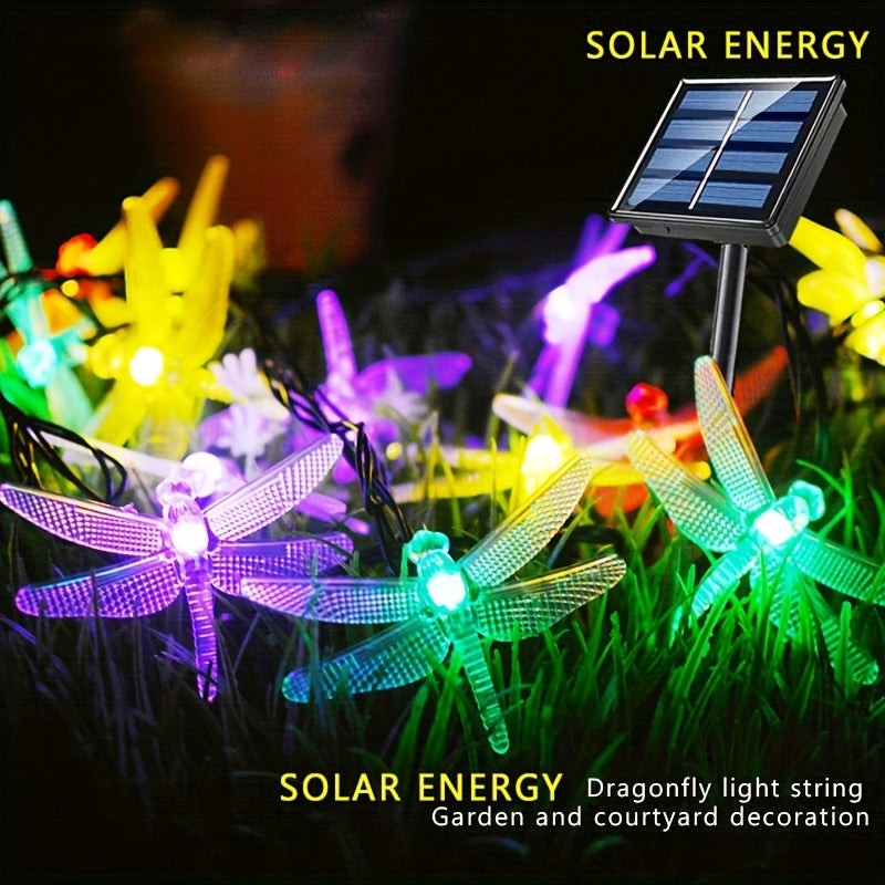 Luces de Cadena de Libélula con Energía Solar, 8 Modos, Decoración Exterior Impermeable para Jardín, Balcón, Árboles y Caminos - Multicolor, Control con Botón, 3.5m con 10 LED