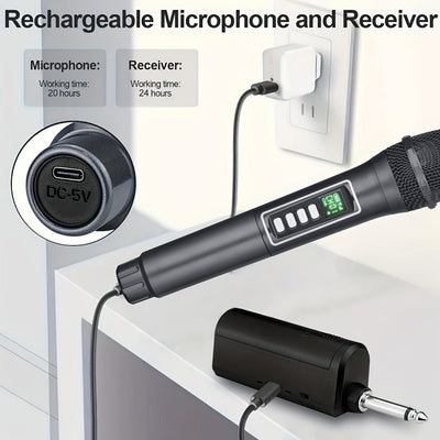 Micrófono inalámbrico negro, 2,4 GHz, sin cables, recargable por USB con batería, con enchufe de 6,35 mm, 4 efectos de cambio de voz, control de volumen, todo recargable, para actuaciones en vivo, conciertos, karaoke, estudios de grabación.